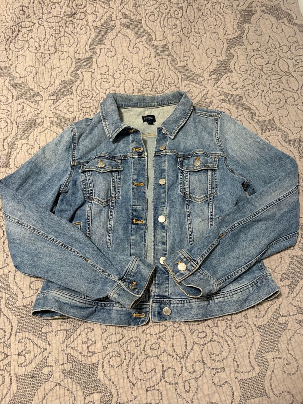 J.Crew classic denim jacket featuring a medium wash with traditional button-flap
